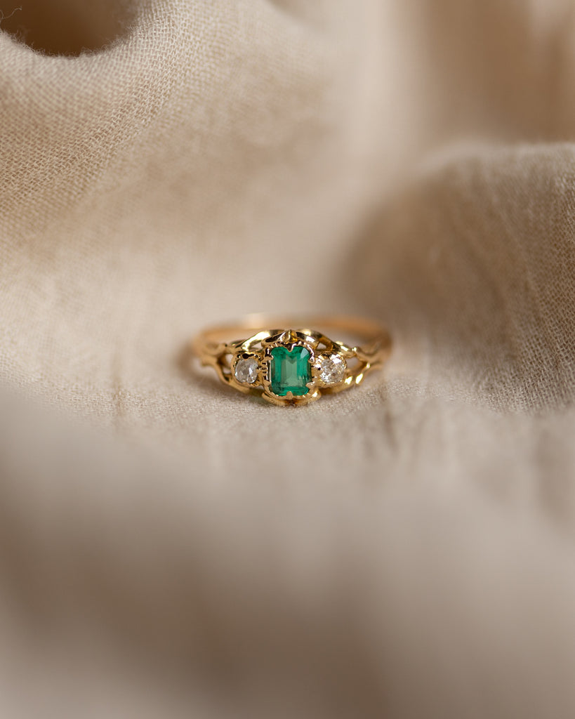 Odette Antique Victorian 18ct Gold Emerald & Diamond Trilogy Ring