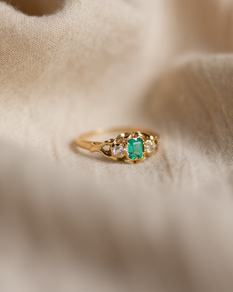 Odette Antique Victorian 18ct Gold Emerald & Diamond Trilogy Ring