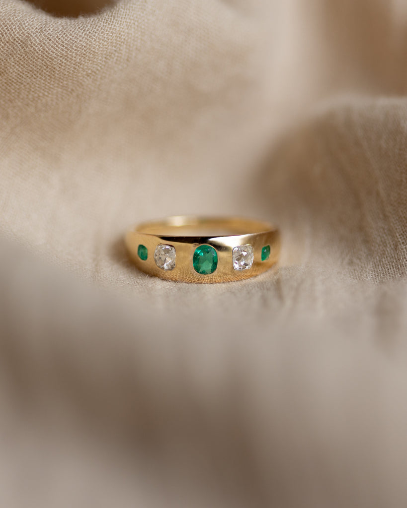 Marguerite Antique 18ct Gold Emerald & Diamond Five Stone Ring