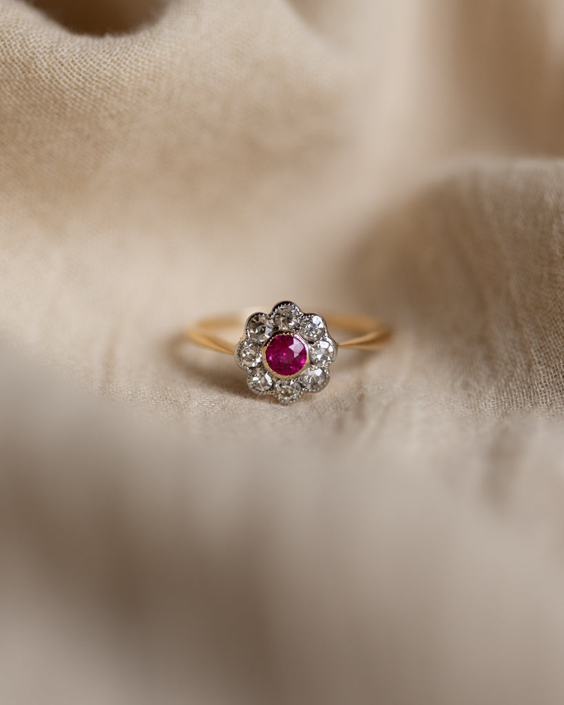 Elsie Antique 18ct Gold Ruby & Diamond Daisy Cluster Ring