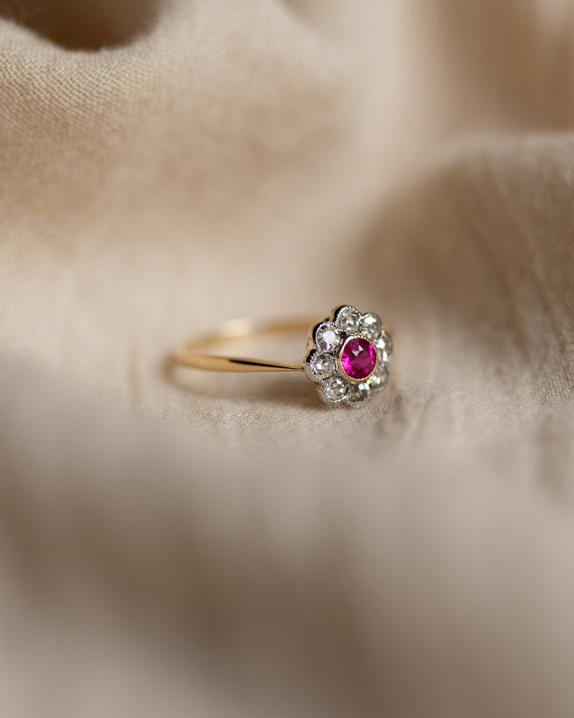 Elsie Antique 18ct Gold Ruby & Diamond Daisy Cluster Ring
