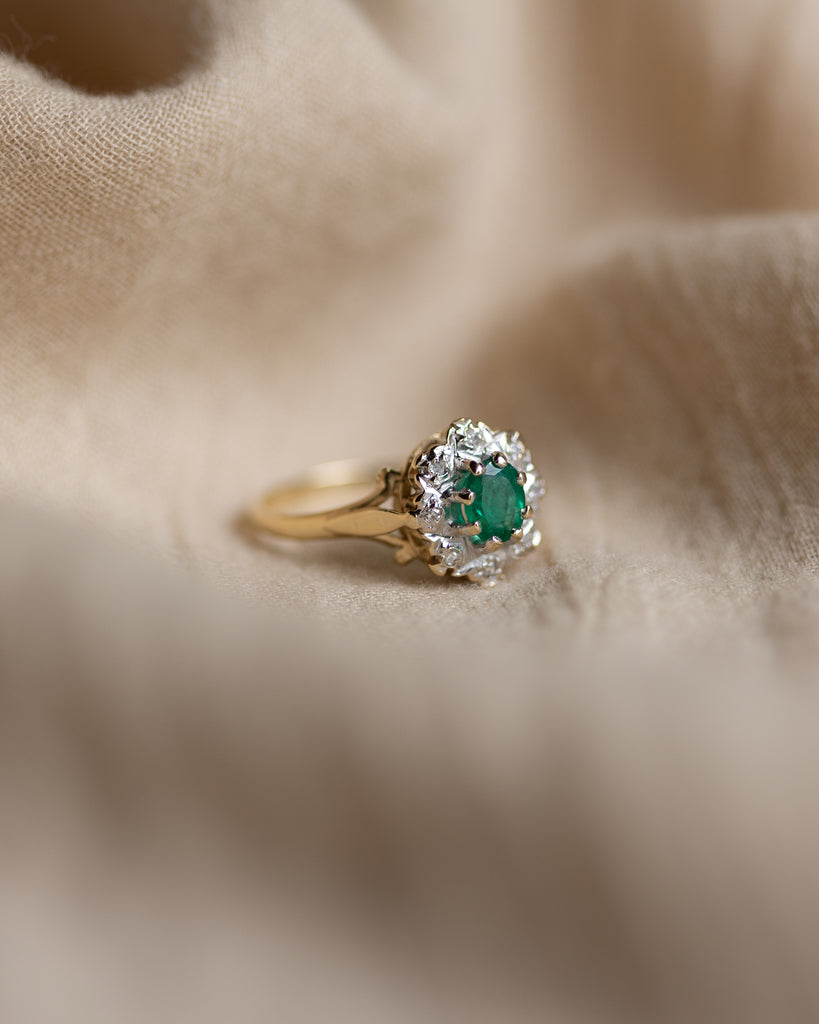 Ivy 1988 Vintage 9ct Gold Emerald & Diamond Cluster Ring