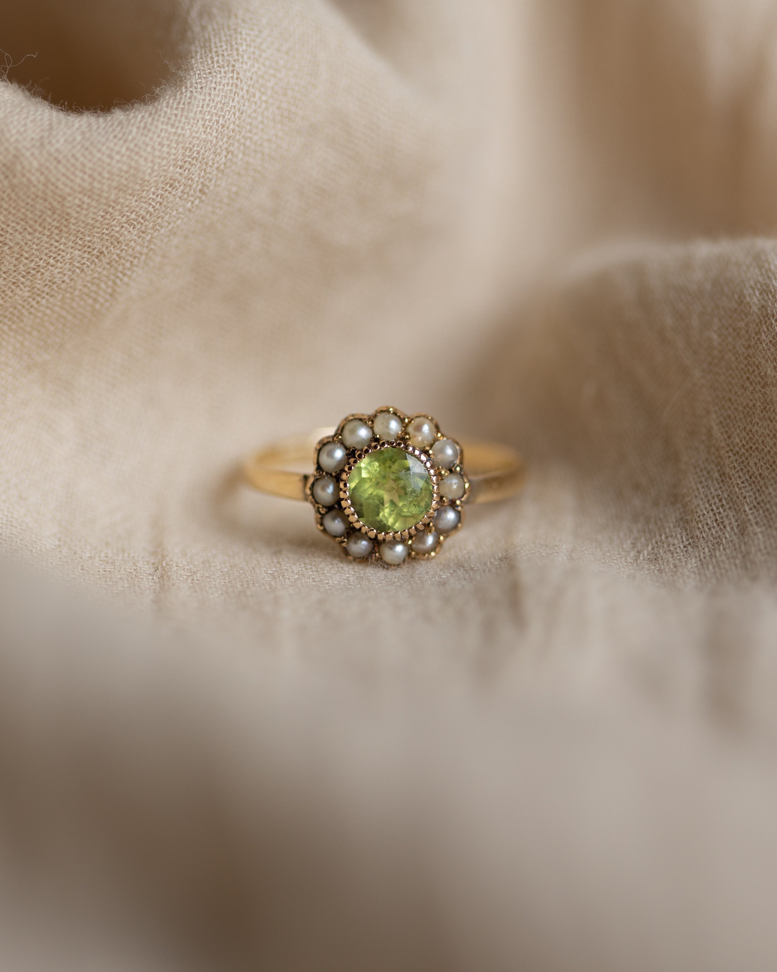 Arlette Antique 15ct Gold Peridot & Pearl Cluster Ring