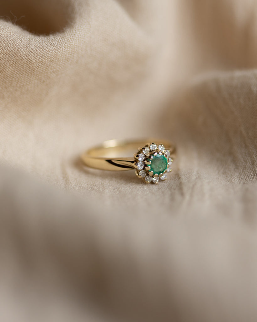 Mireille Vintage 9ct Gold Emerald & Diamond Cluster Ring