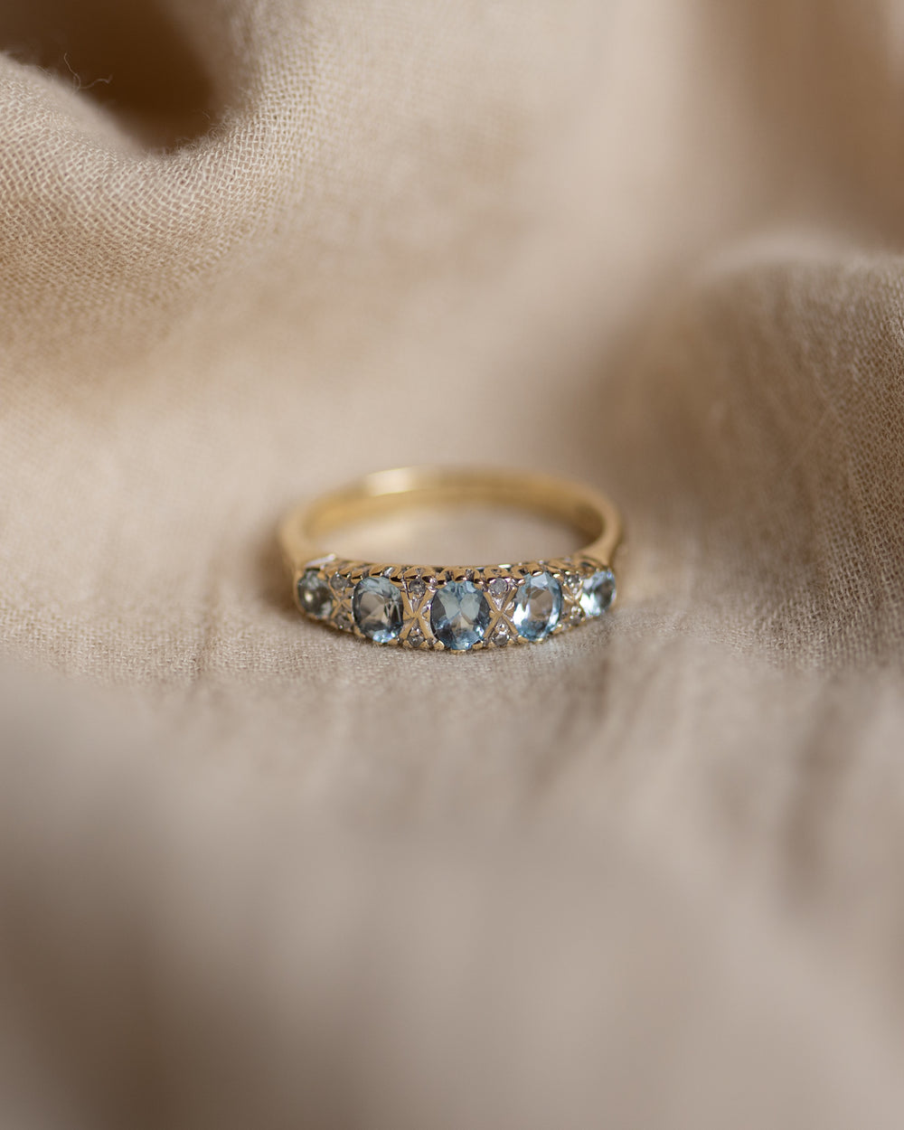 Celestine Vintage 9ct Gold Aquamarine & Diamond Half Hoop Ring