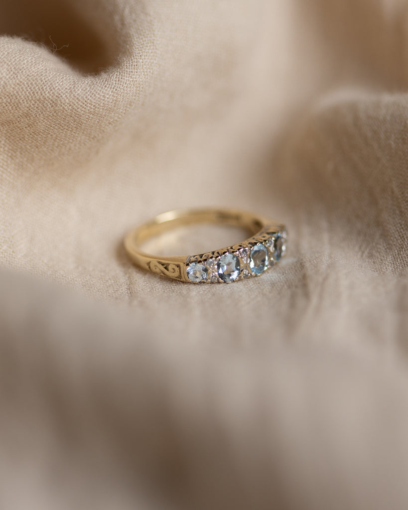 Celestine Vintage 9ct Gold Aquamarine & Diamond Half Hoop Ring