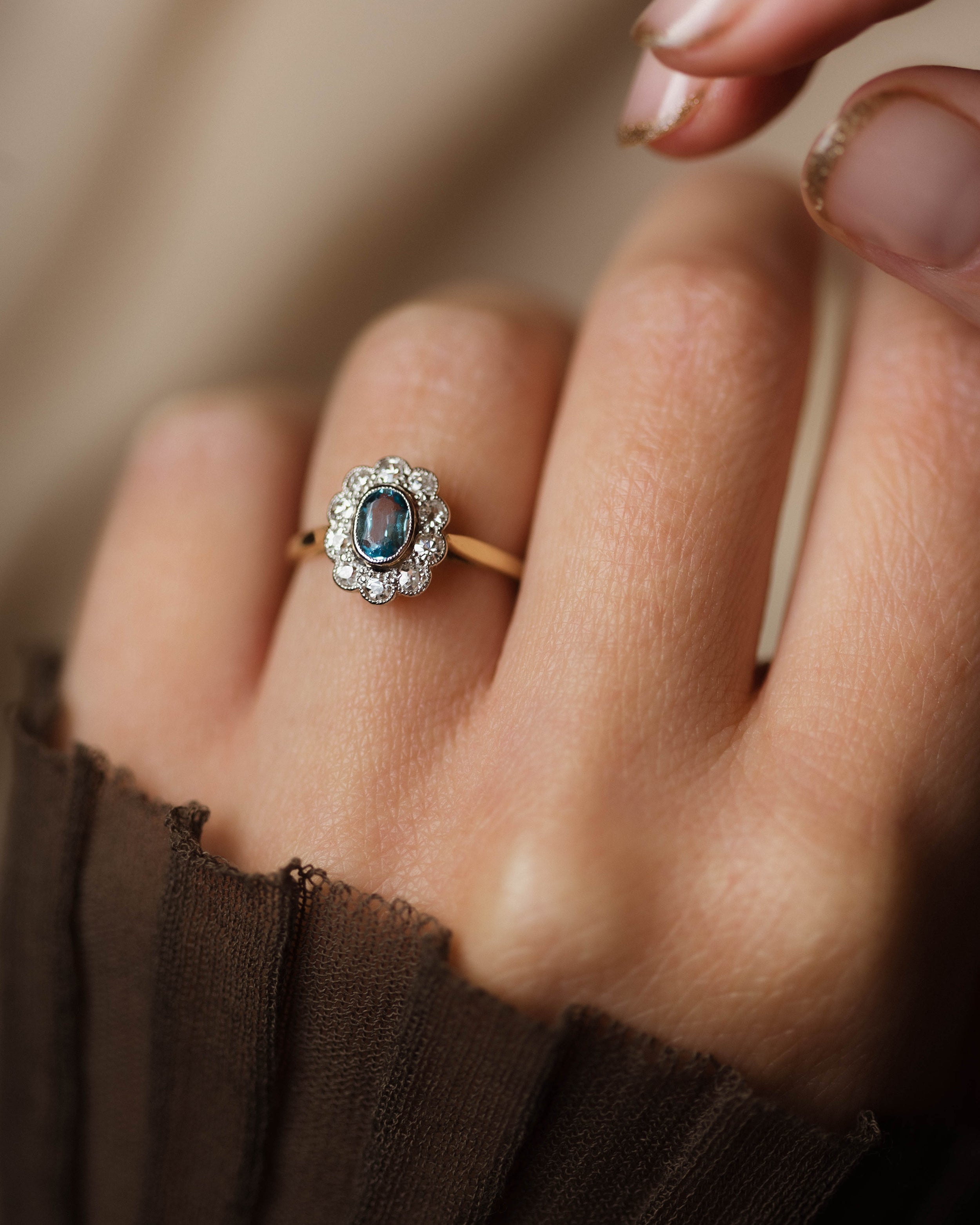 Image of Beatrice Antique 18ct Gold Aquamarine & Diamond Cluster Ring