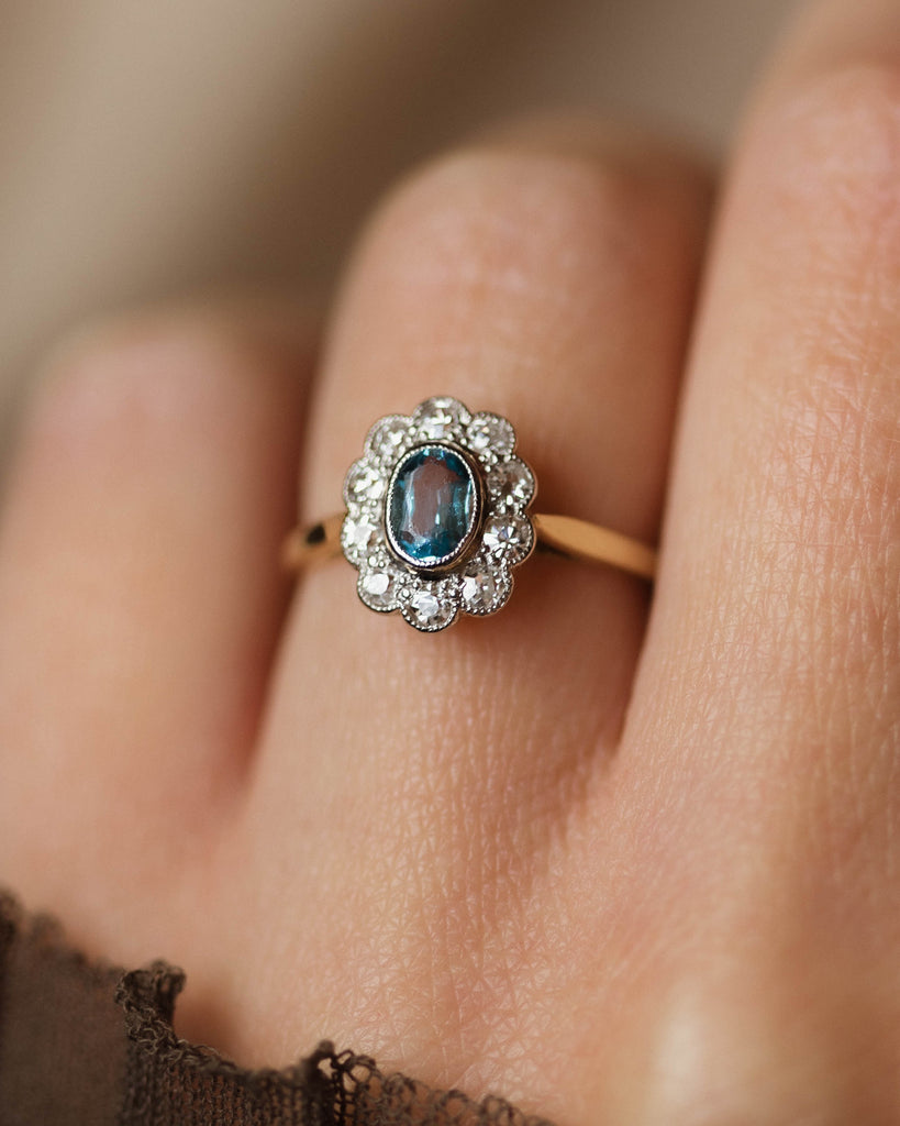 Beatrice Antique 18ct Gold Aquamarine & Diamond Cluster Ring