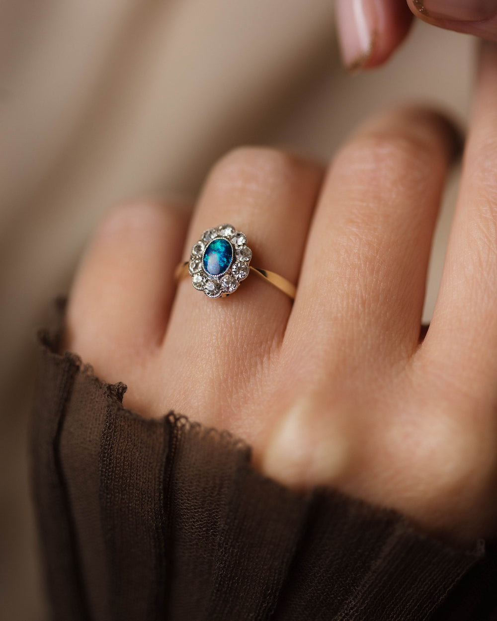 Babette Antique 9ct Gold Black Opal & Paste Cluster Ring