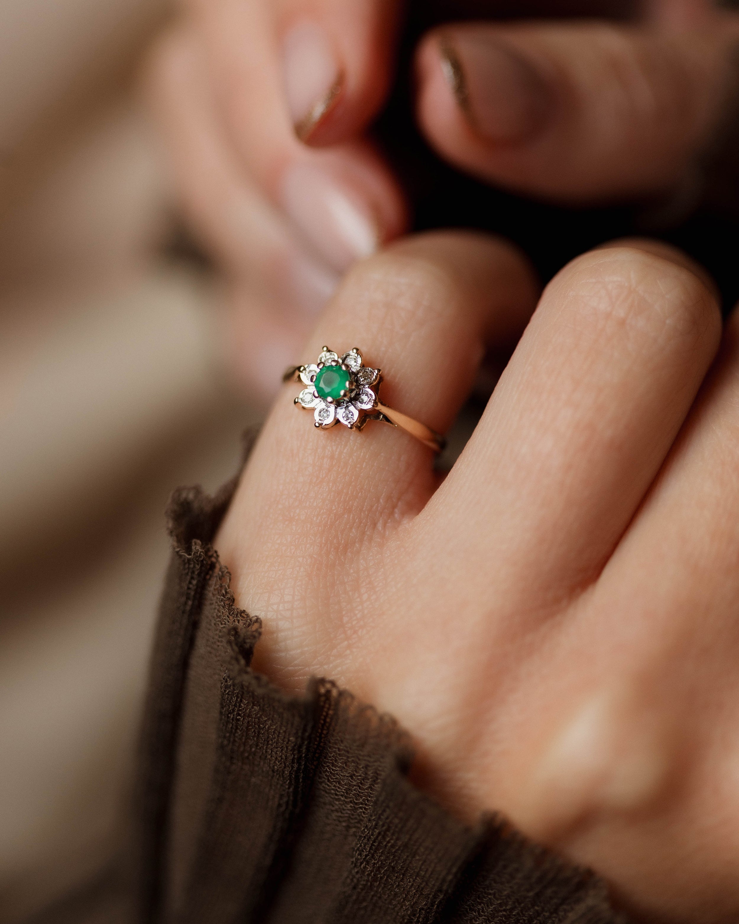 Image of Martine 1973 Vintage 9ct Gold Emerald & Diamond Cluster Ring