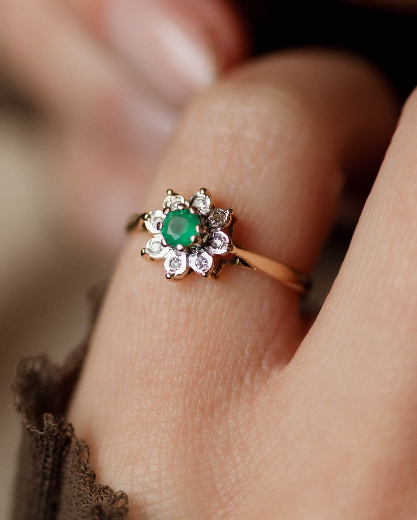 Martine 1973 Vintage 9ct Gold Emerald & Diamond Cluster Ring