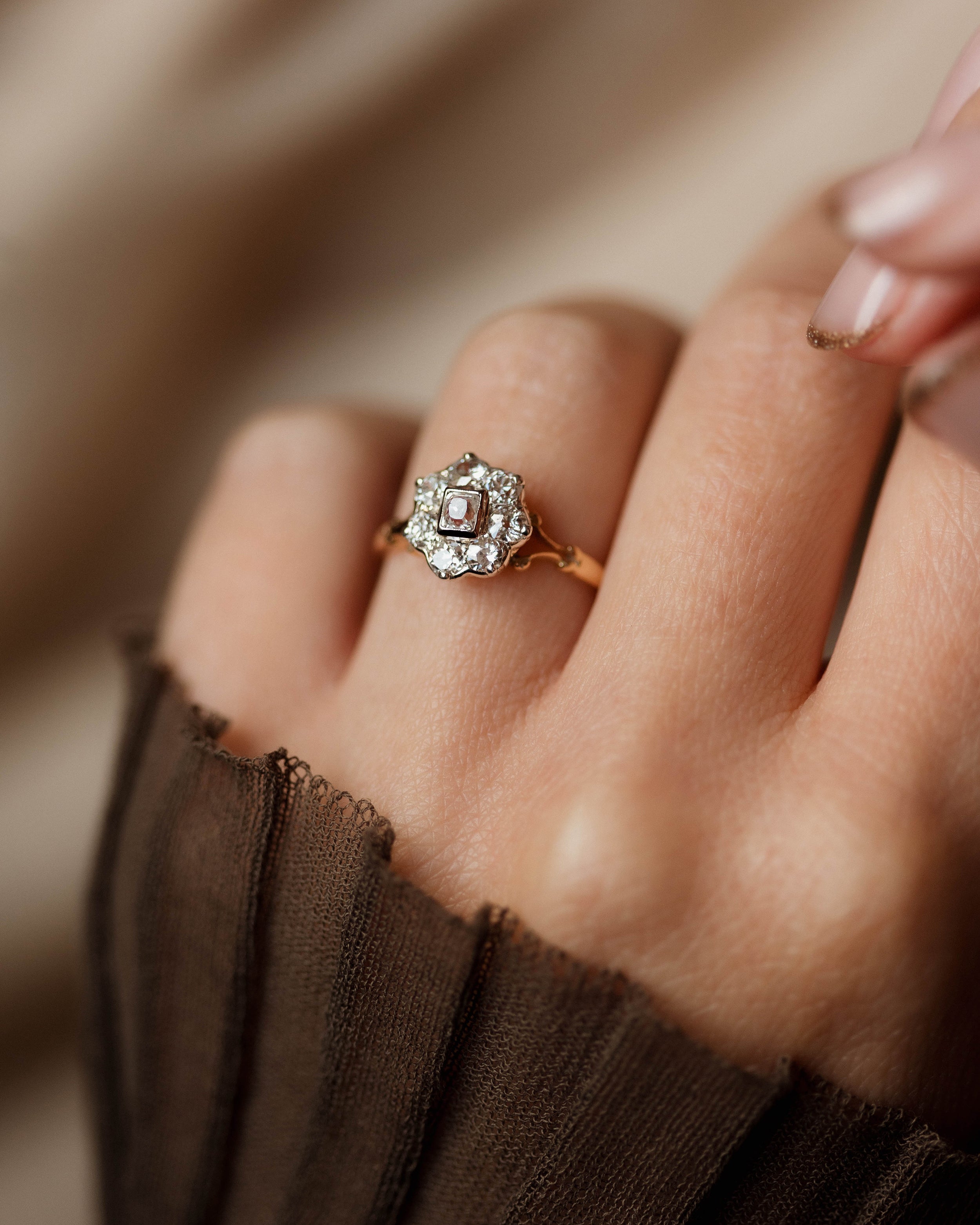 Image of Clotilde Antique 15ct Gold Diamond Cluster Ring