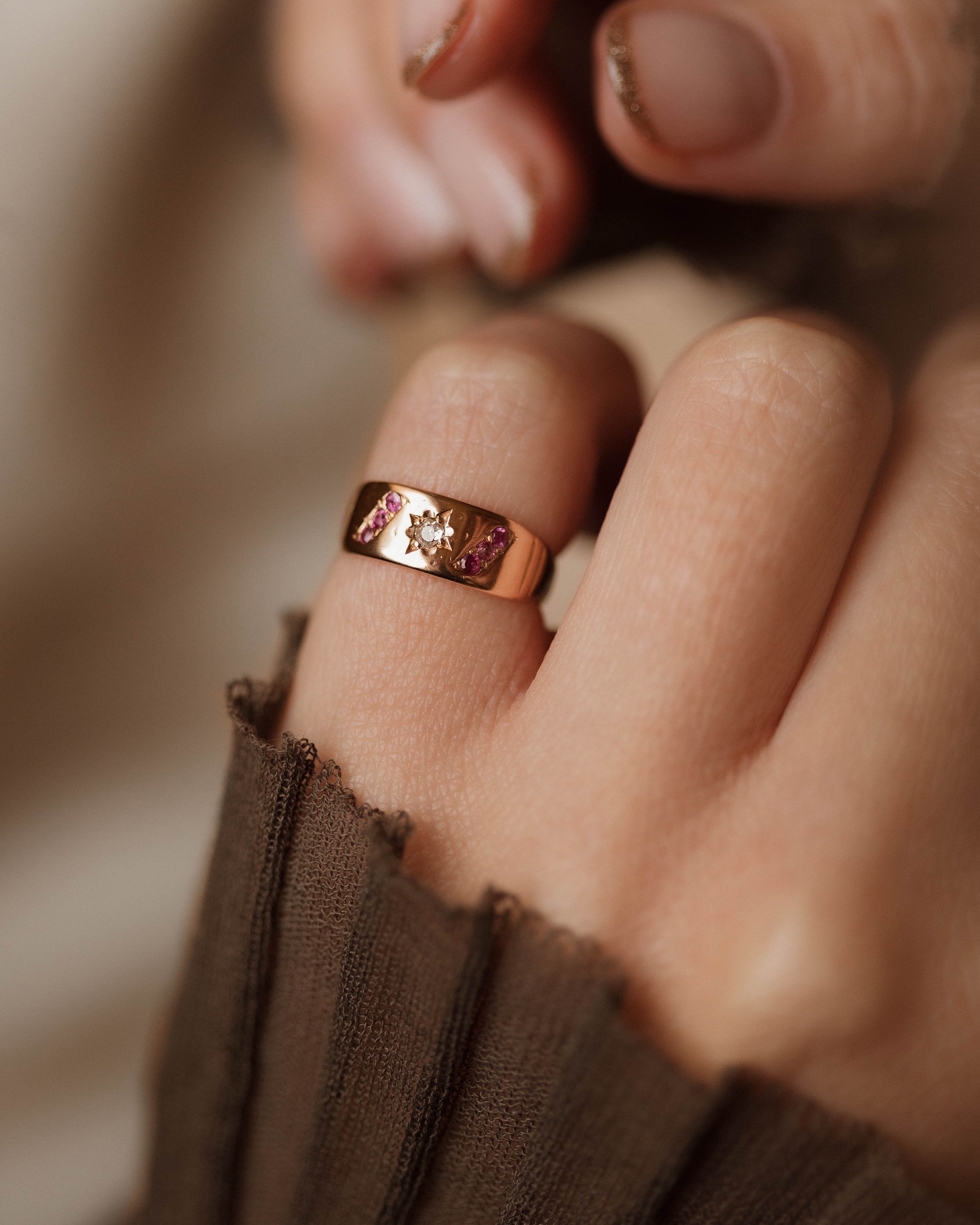 Image of Hildegard Antique 9ct Gold Star Set Diamond & Ruby Band Ring