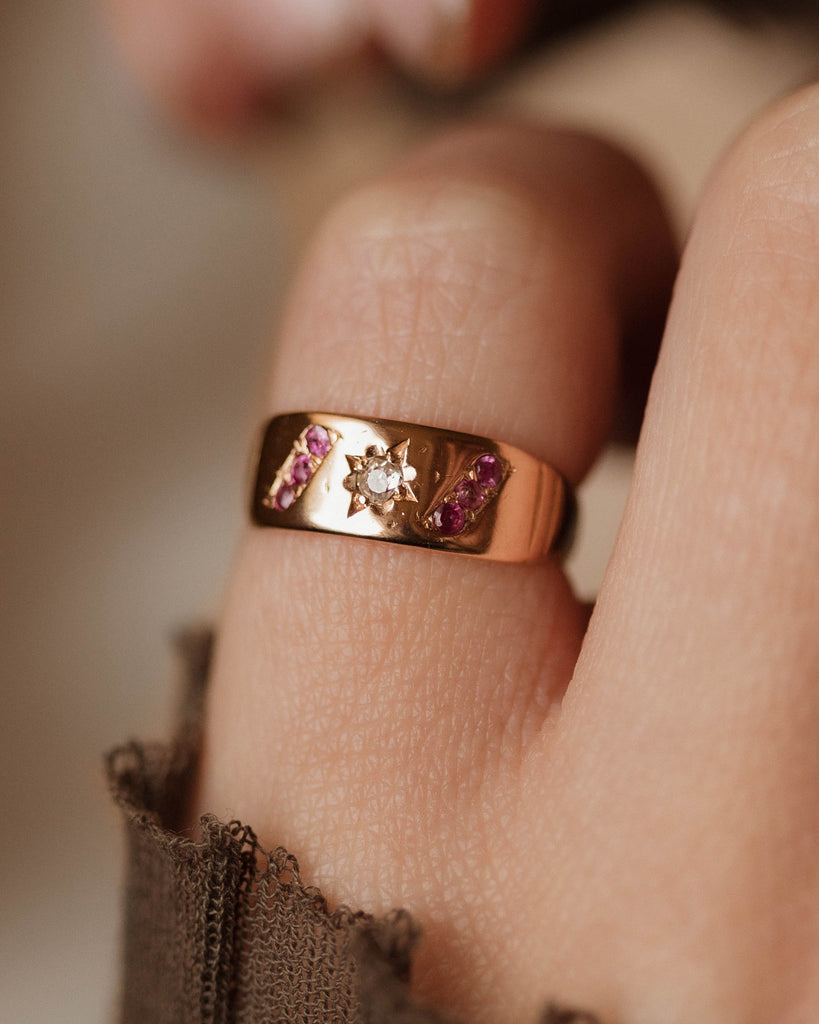 Hildegard Antique 9ct Gold Star Set Diamond & Ruby Band Ring