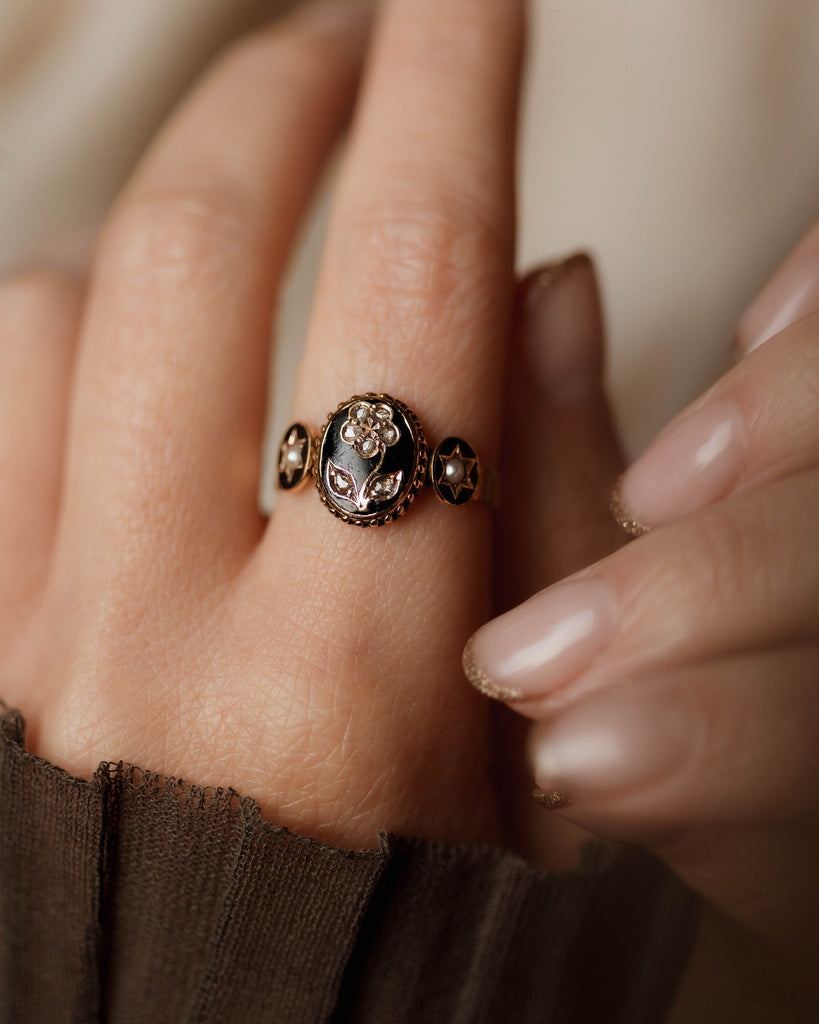 Ernestine Antique 15ct Gold Black Enamel, Pearl & Diamond Mourning Ring