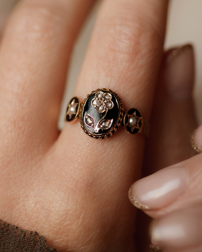 Ernestine Antique 15ct Gold Black Enamel, Pearl & Diamond Mourning Ring