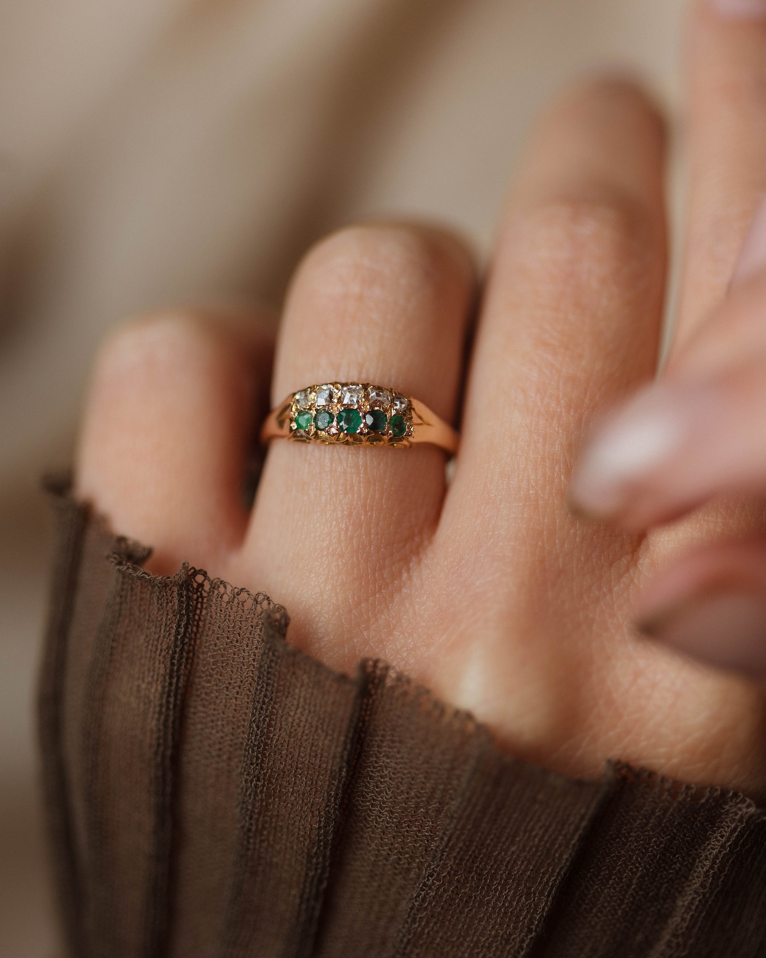 Ellen Antique 18ct Gold Emerald & Diamond Ten Stone Ring