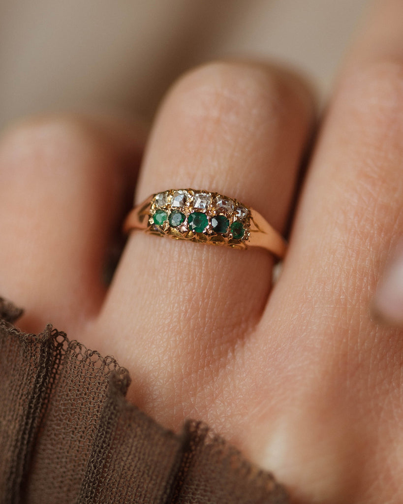 Ellen Antique 18ct Gold Emerald & Diamond Ten Stone Ring