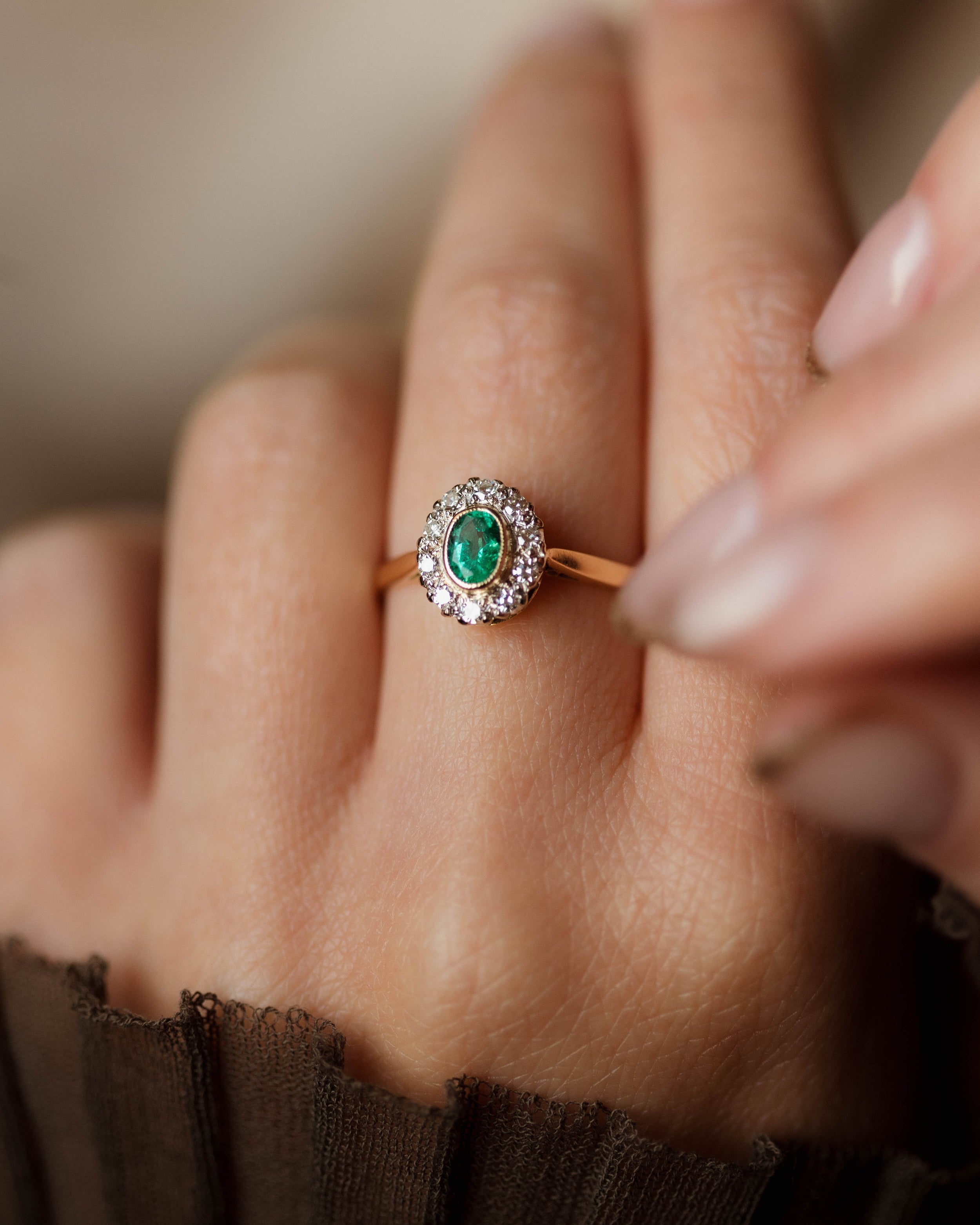 Image of Natalia 1981 Vintage 18ct Gold Emerald & Diamond Cluster Ring