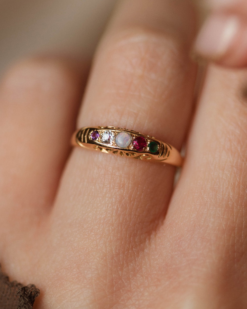 Olga Antique 18ct Gold Adore Acrostic Five Stone Ring