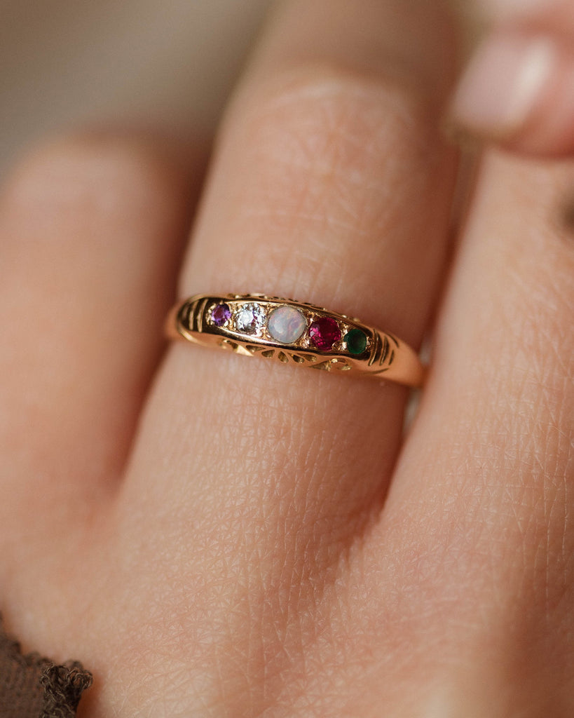Olga Antique 18ct Gold Adore Acrostic Five Stone Ring