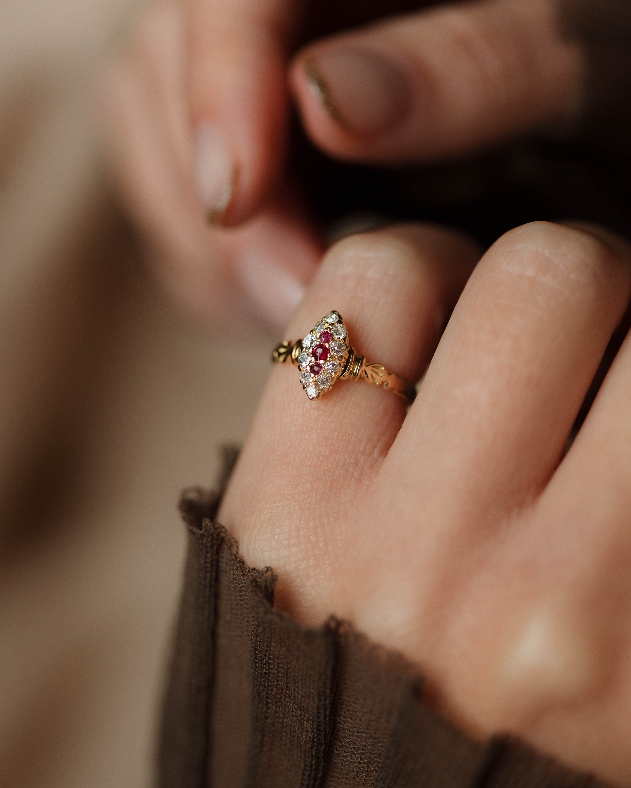 Iris Antique 18ct Gold Ruby & Diamond Marquise Cluster Ring