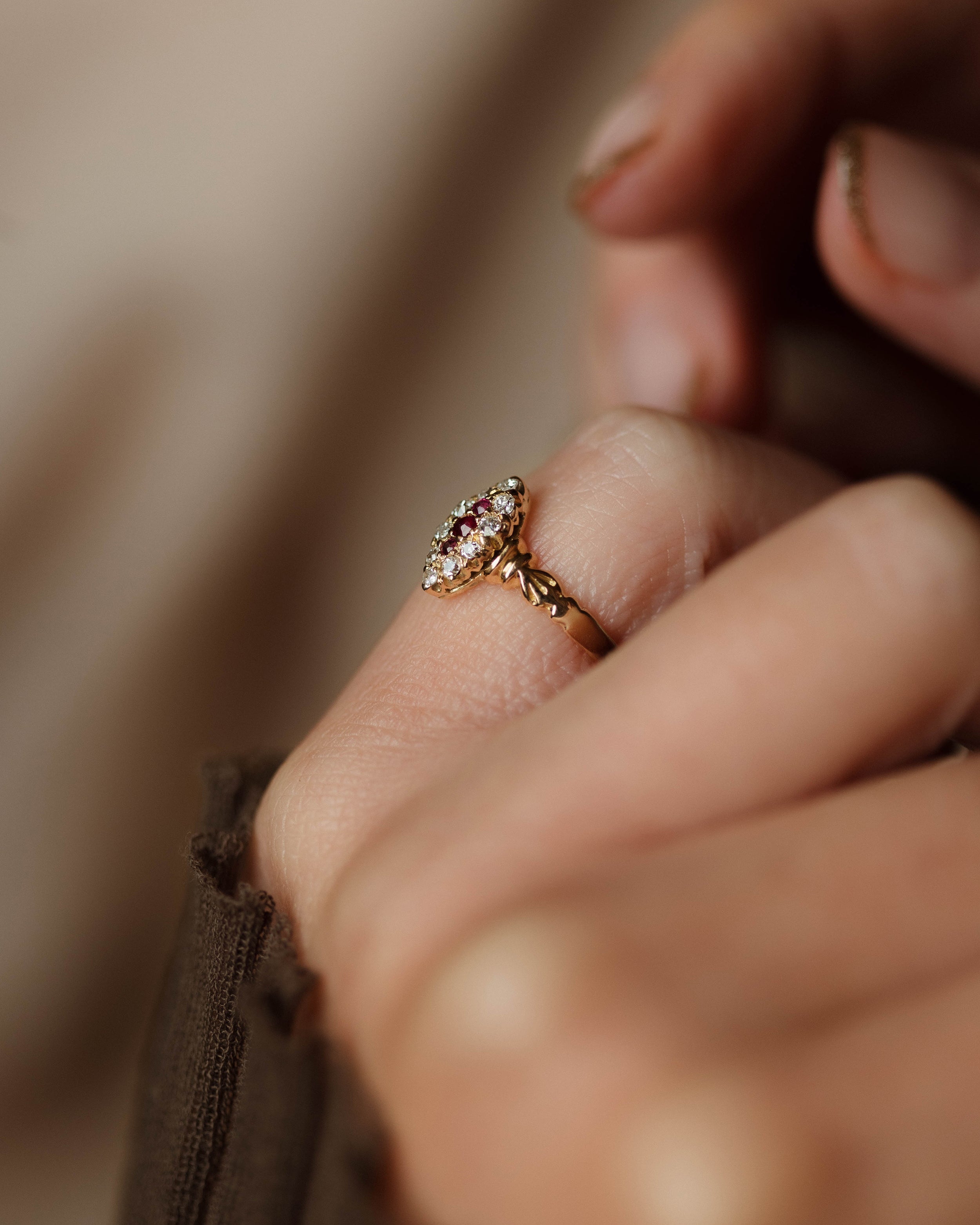 Iris Antique 18ct Gold Ruby & Diamond Marquise Cluster Ring