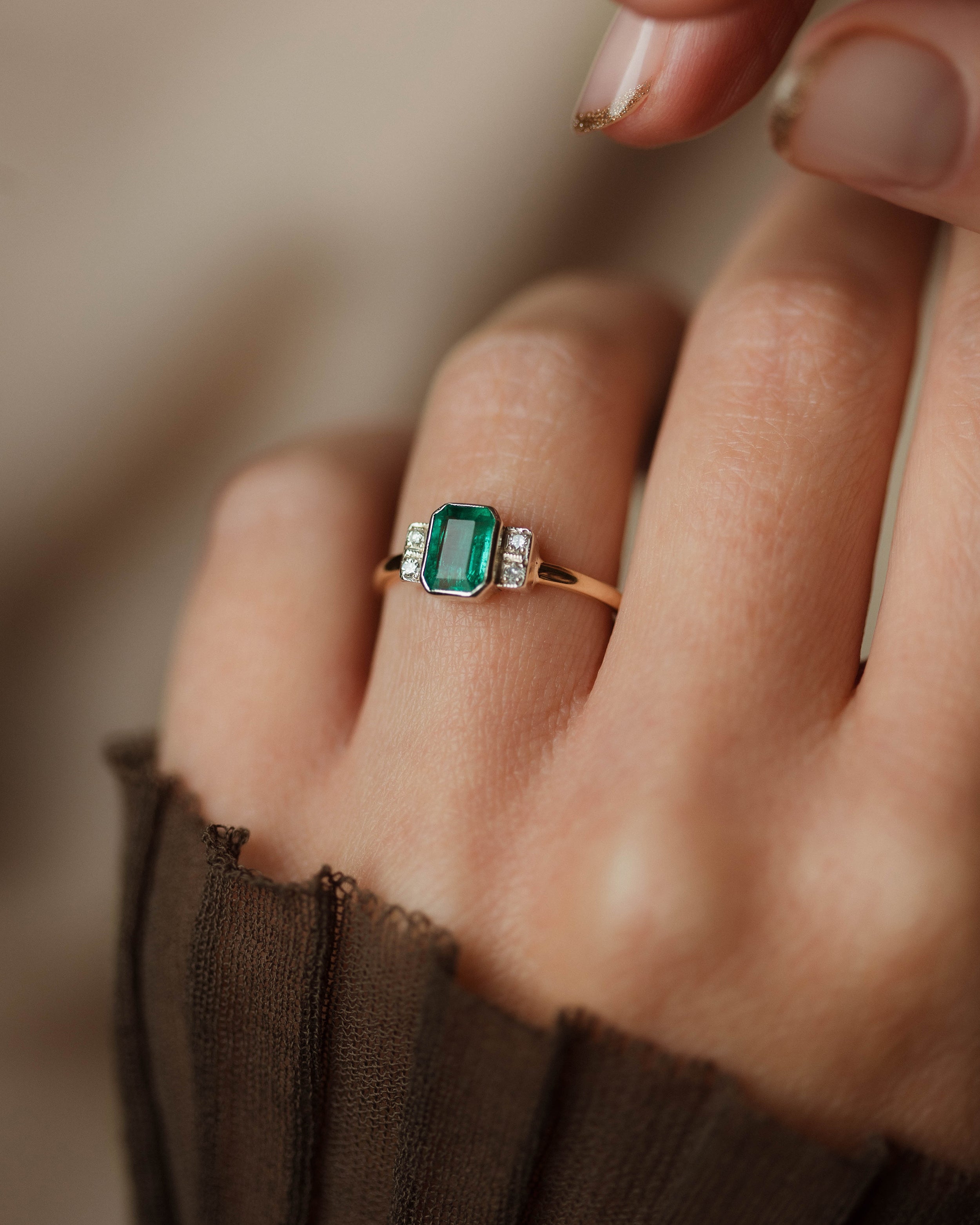 Image of Frieda Antique Art Deco 9ct Gold Emerald & Diamond Five Stone Ring