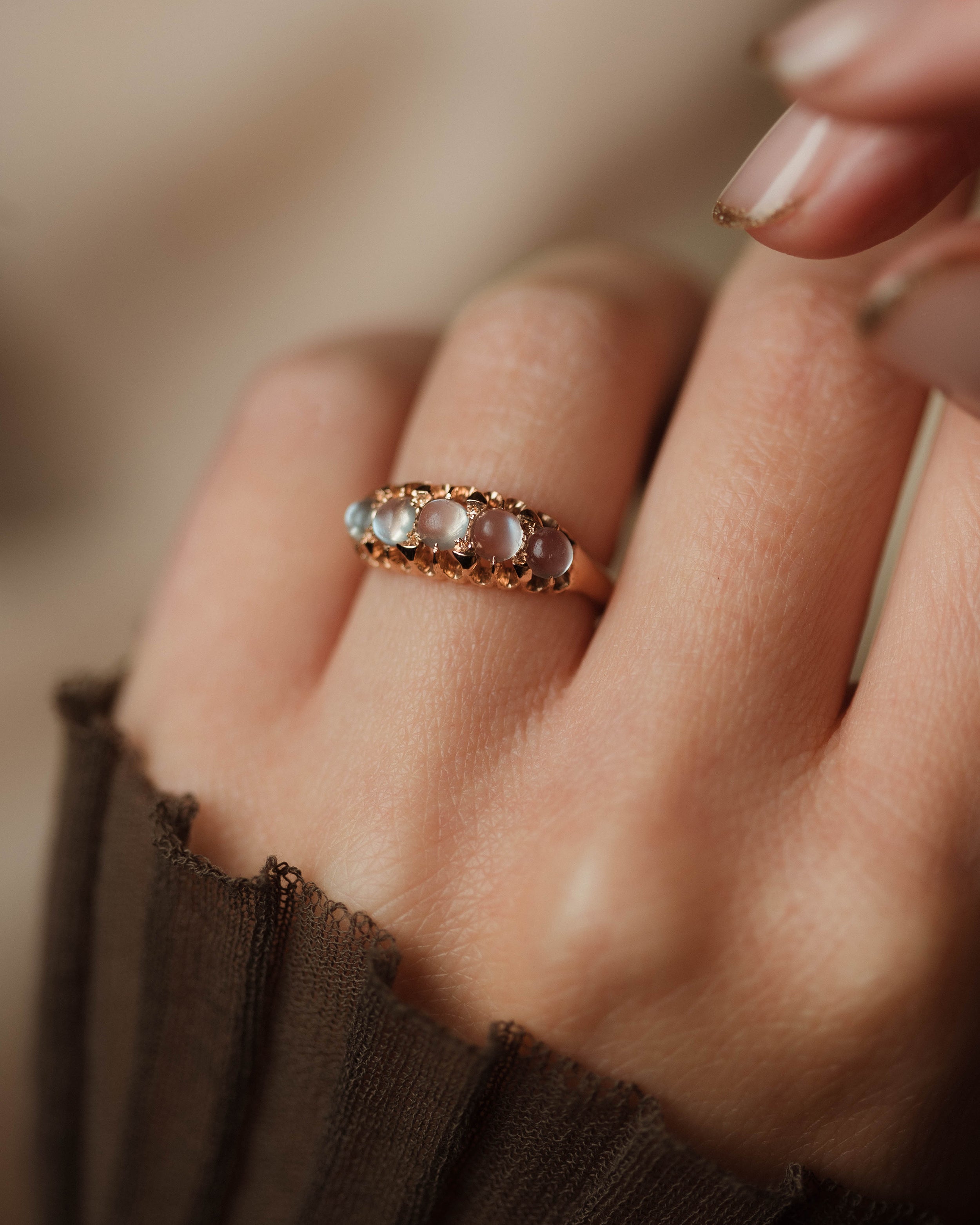 Image of Albertine Antique 9ct Gold Moonstone Five Stone Ring