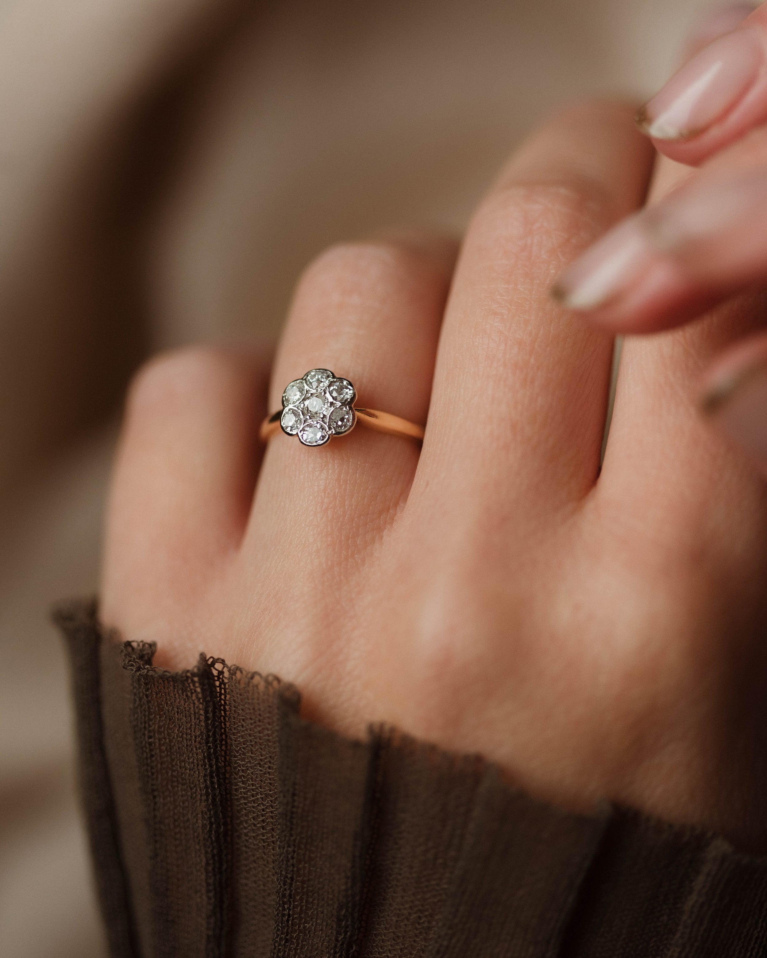 Image of Editha Antique 18ct Gold Diamond Daisy Cluster Ring