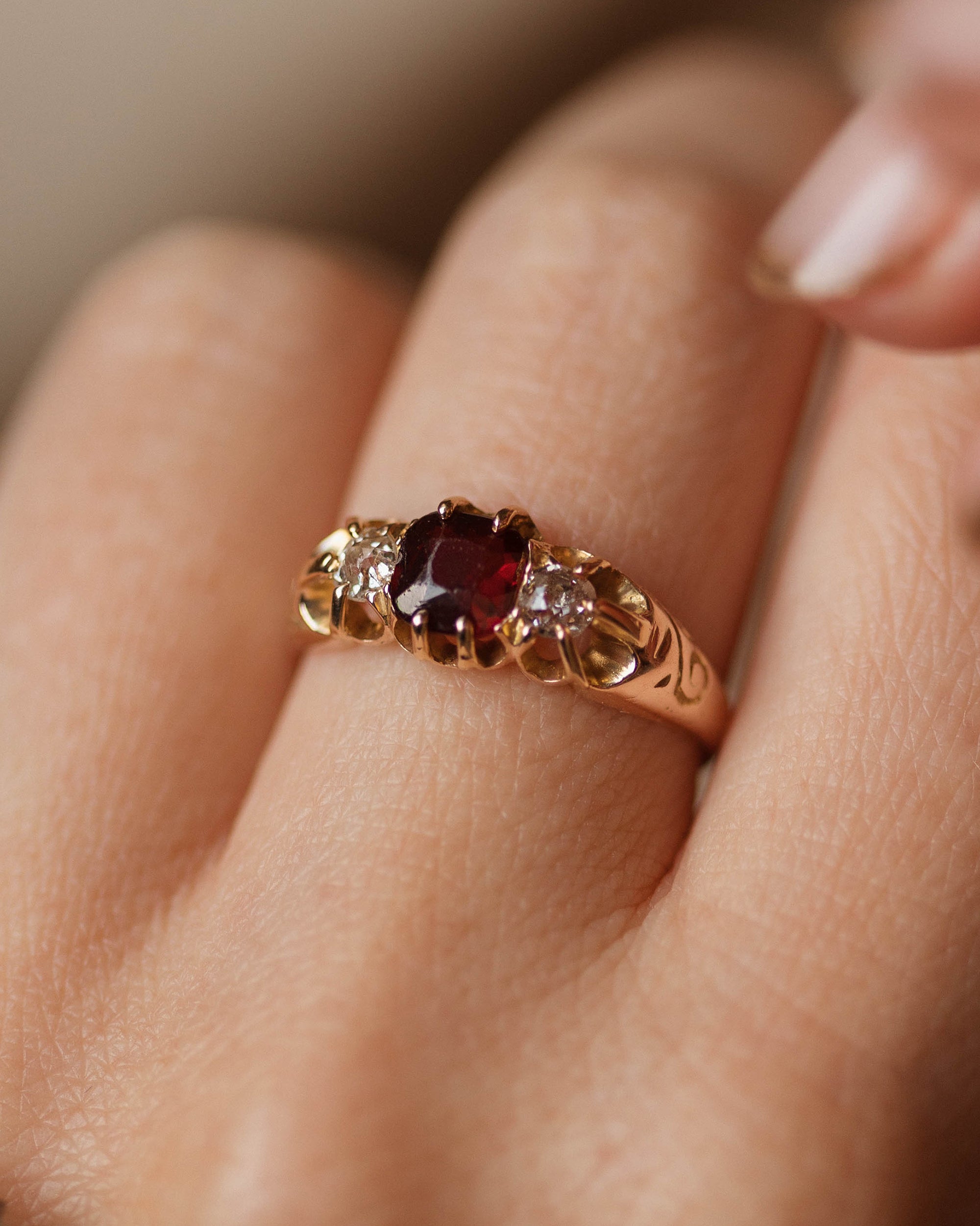 Catalina Antique 9ct Gold Garnet & Diamond Trilogy Ring