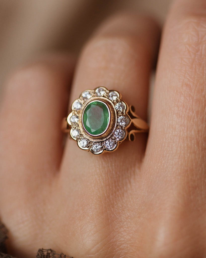 Thalia 1988 Vintage 9ct Gold Emerald & CZ Cluster Ring
