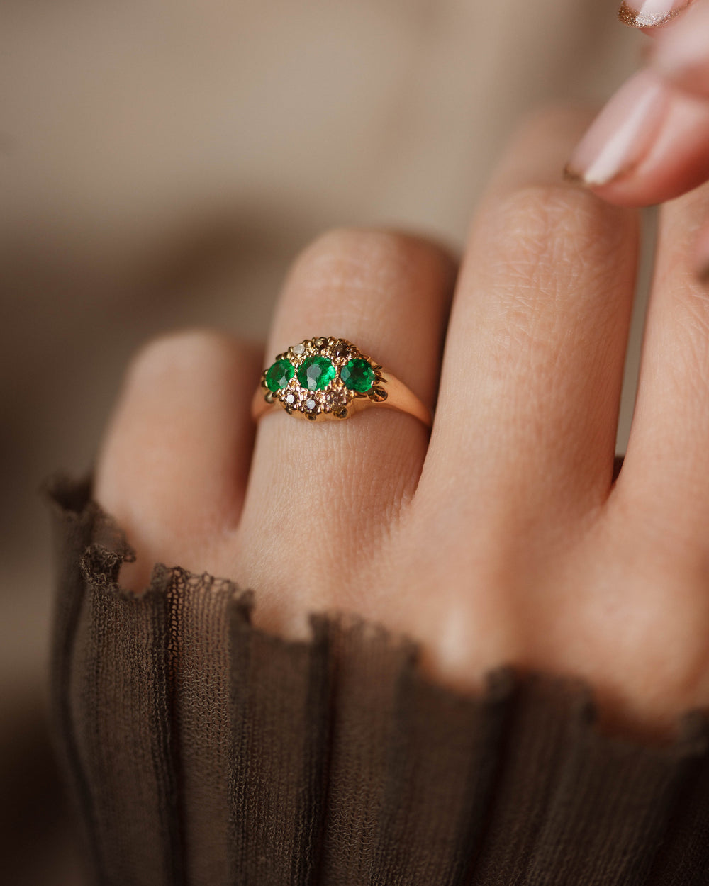 Antonia Antique 18ct Gold Emerald & Diamond Cluster Ring