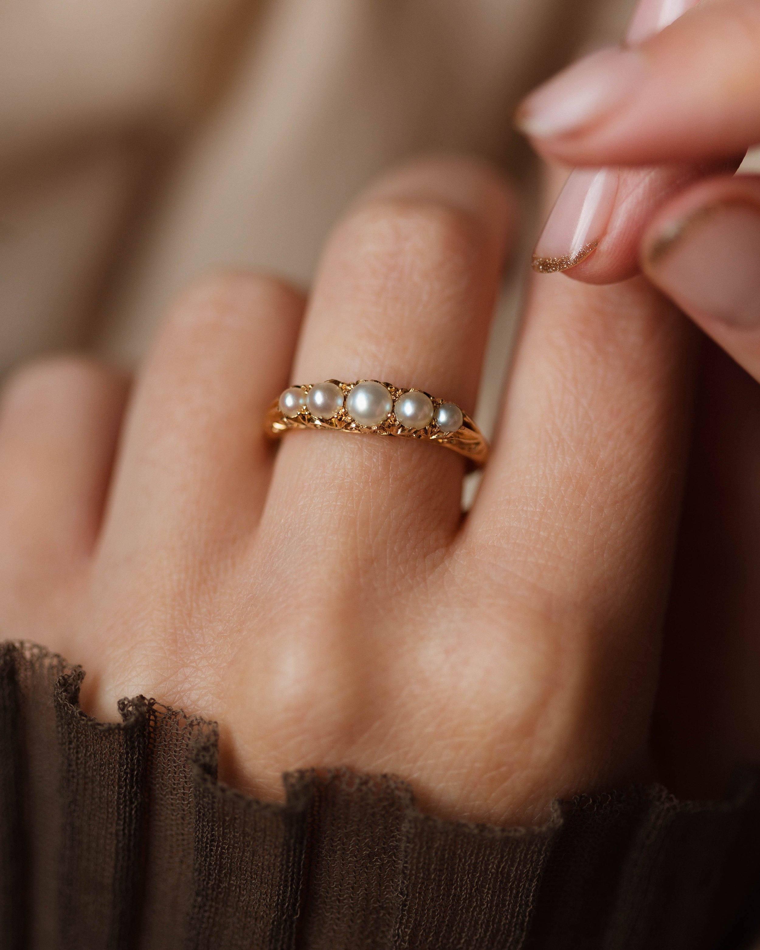Gretchen 1907 Antique 18ct Gold Five Stone Pearl Ring