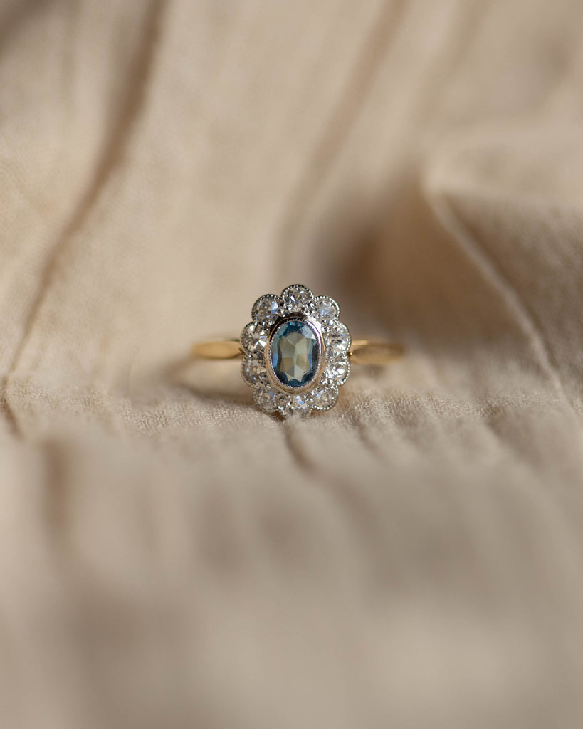 Beatrice Antique 18ct Gold Aquamarine & Diamond Cluster Ring