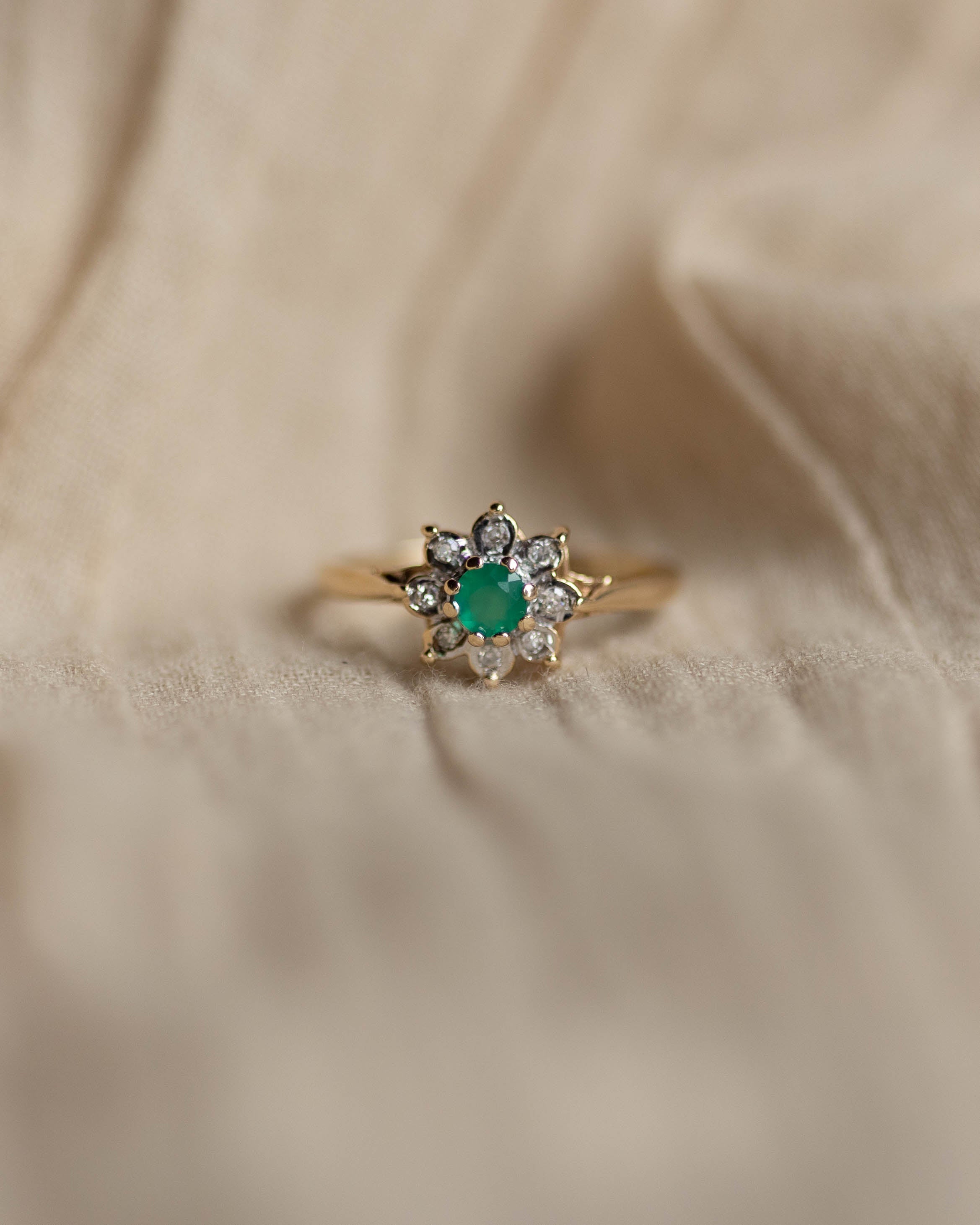 Martine 1973 Vintage 9ct Gold Emerald & Diamond Cluster Ring