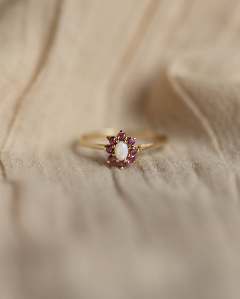 Sabina 1988 Vintage 9ct Gold Opal & Ruby Cluster Ring