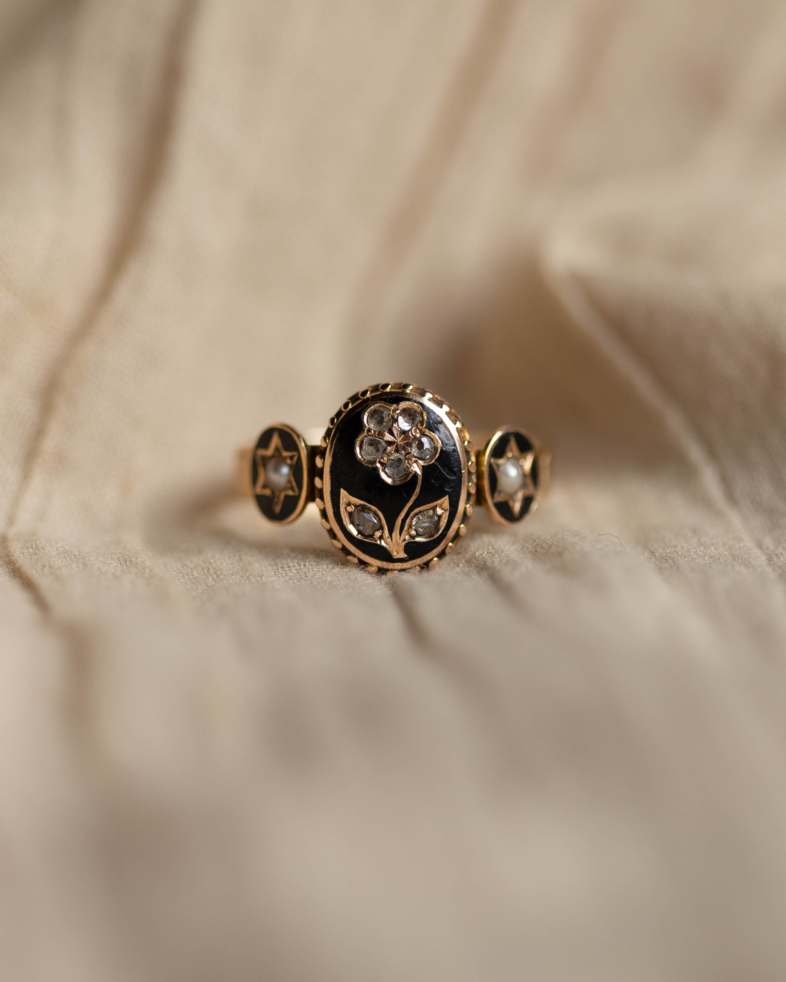Image of Ernestine Antique 15ct Gold Black Enamel, Pearl & Diamond Mourning Ring