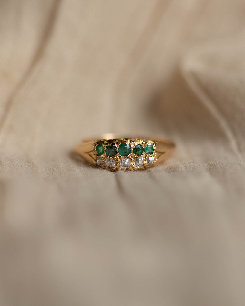 Ellen Antique 18ct Gold Emerald & Diamond Ten Stone Ring