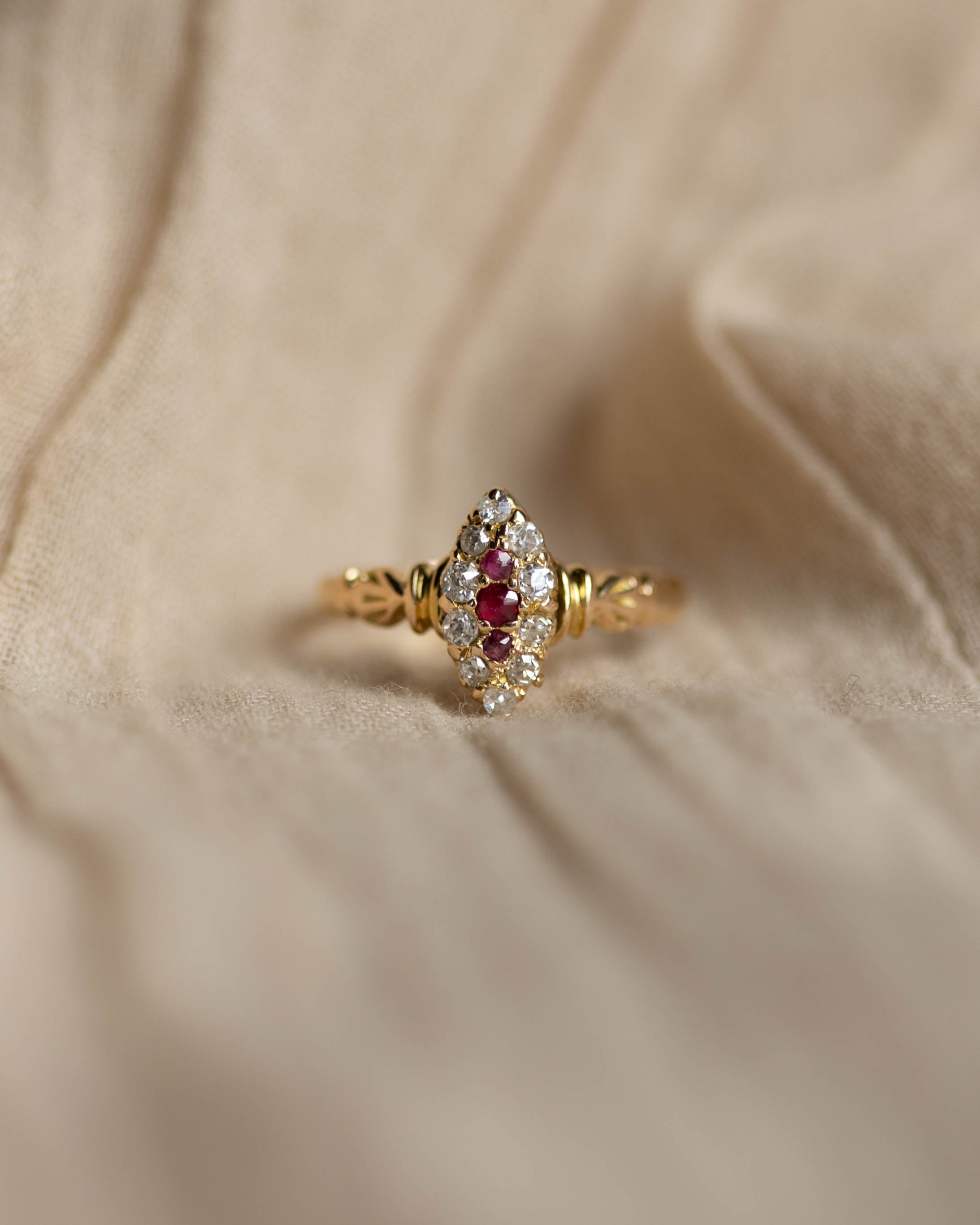 Iris Antique 18ct Gold Ruby & Diamond Marquise Cluster Ring