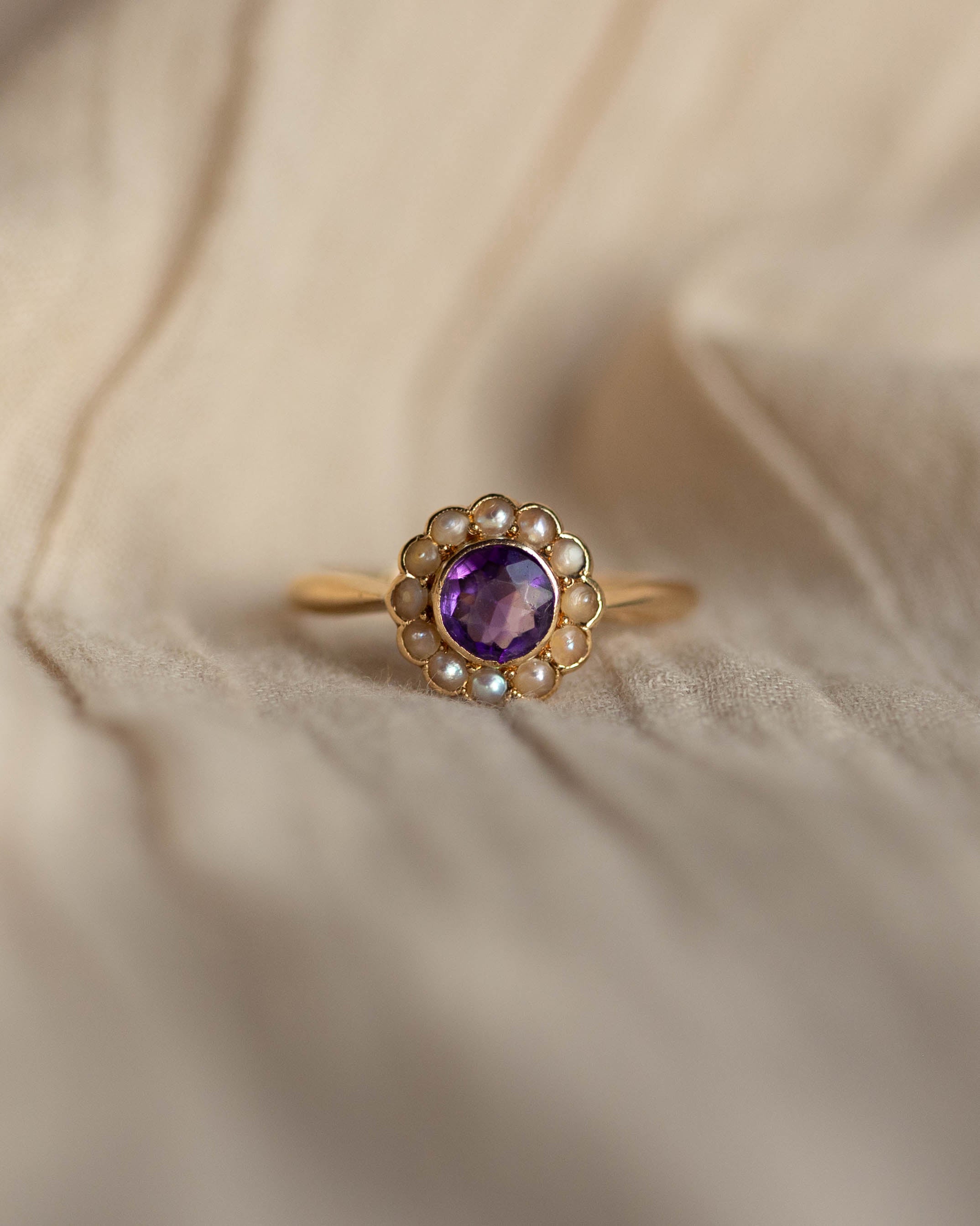 Image of Eugenia 1938 Vintage 9ct Gold Amethyst & Pearl Daisy Cluster Ring
