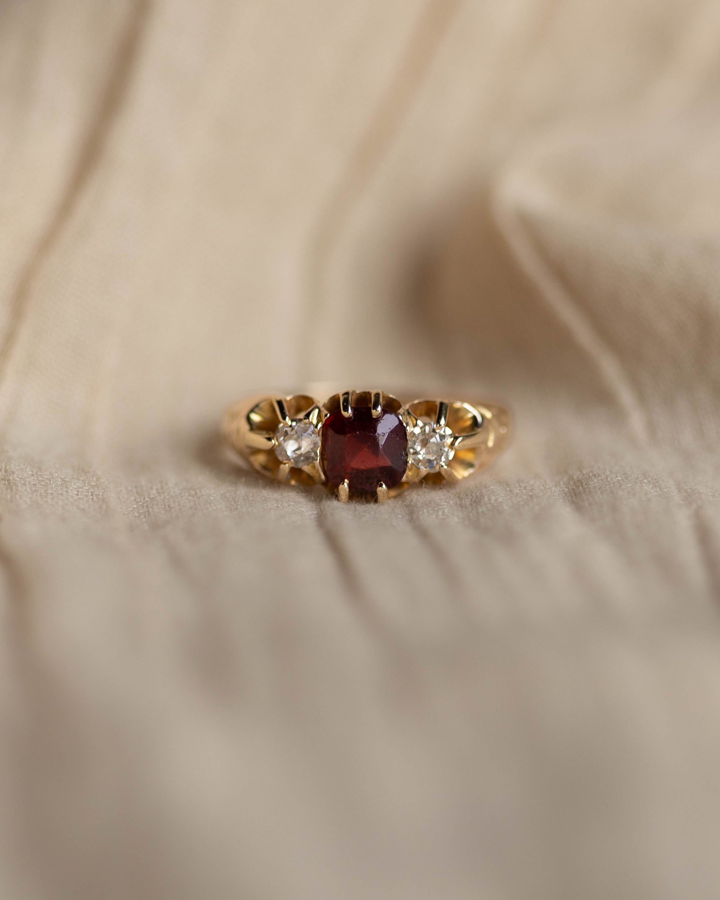 Catalina Antique 9ct Gold Garnet & Diamond Trilogy Ring