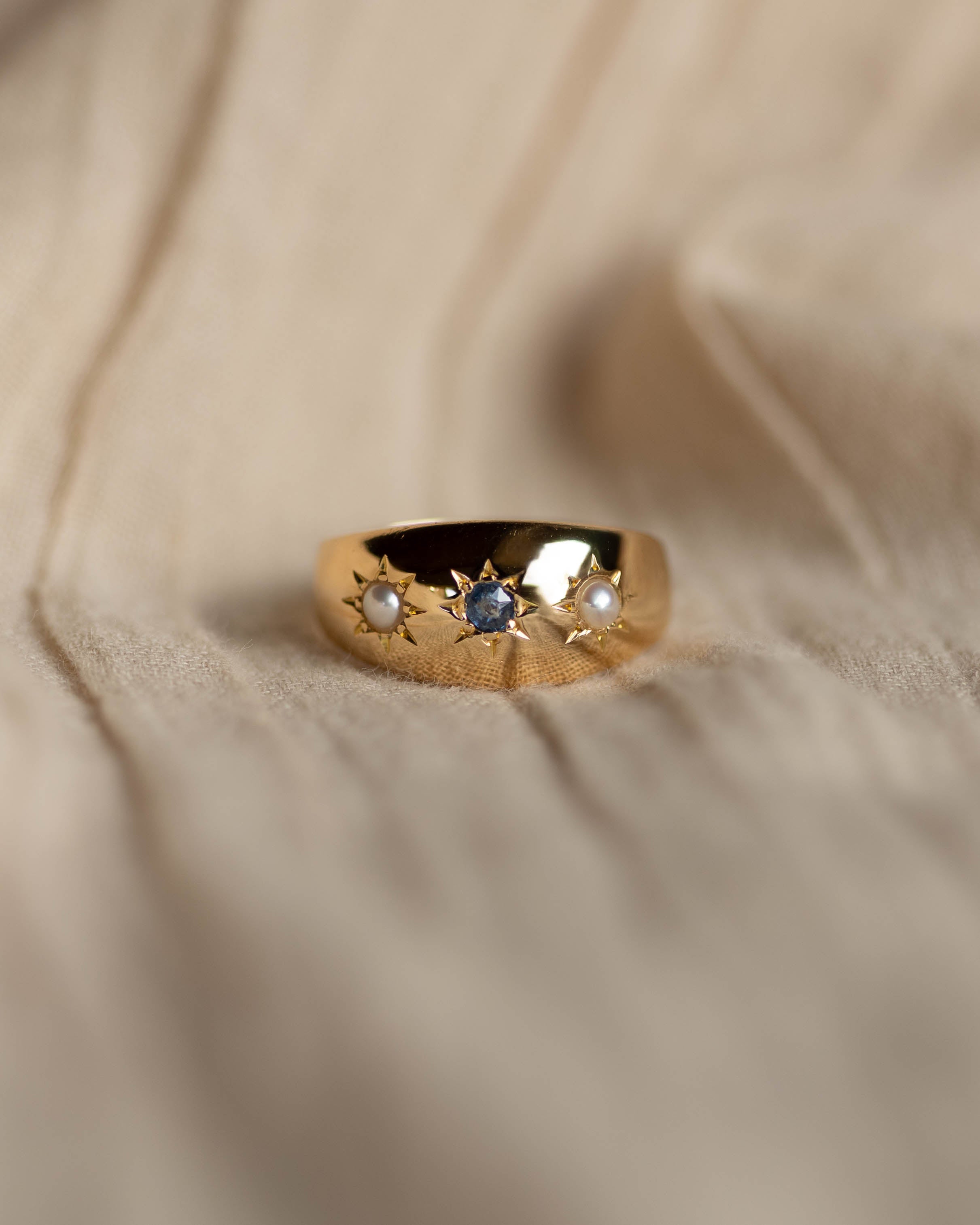 Janet Antique 18ct Gold Star Set Sapphire & Pearl Trilogy Ring