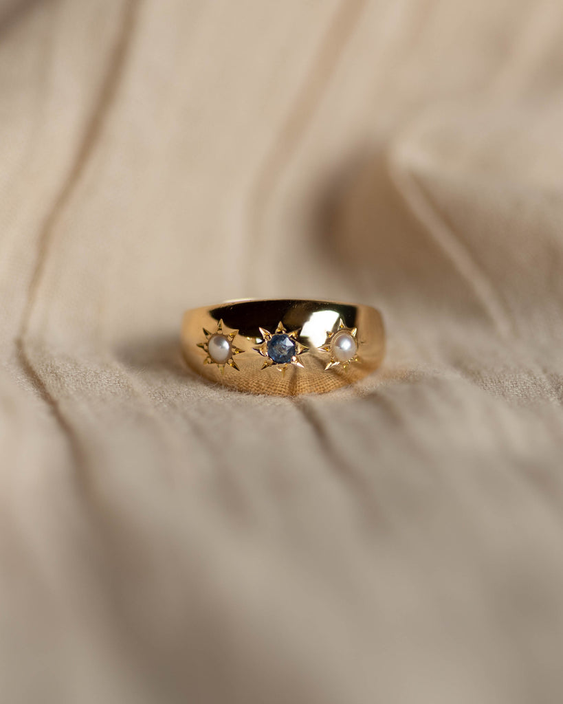 Janet Antique 18ct Gold Star Set Sapphire & Pearl Trilogy Ring