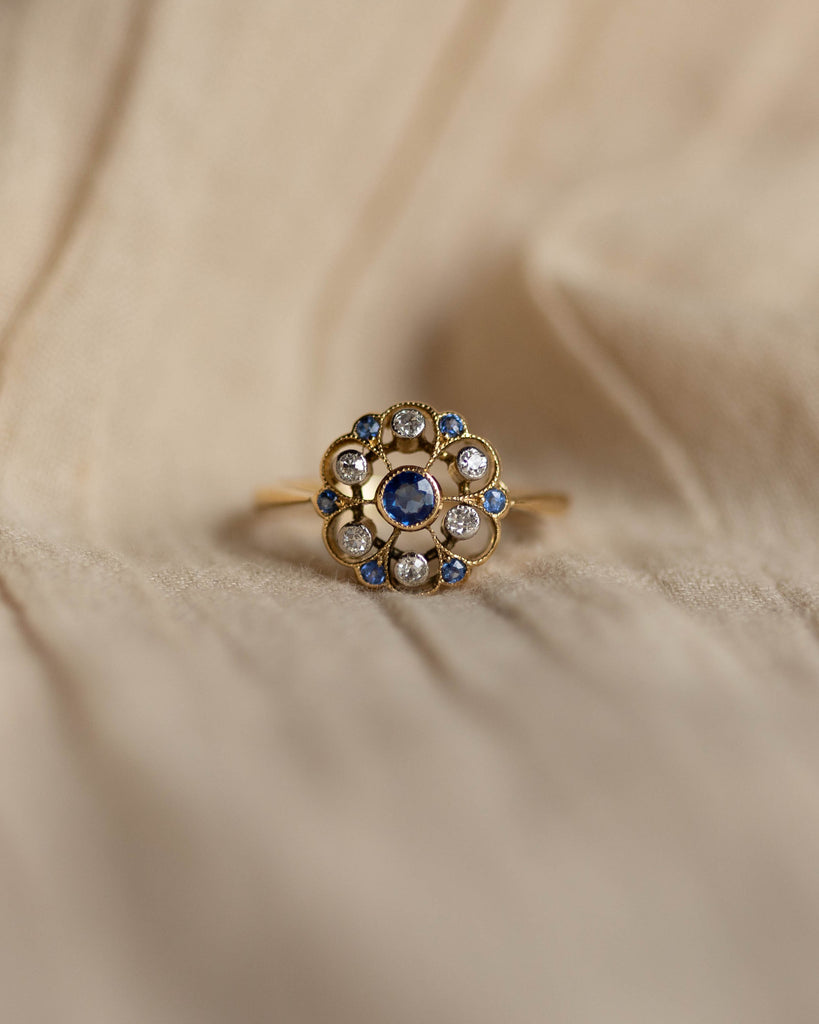 Prudence Antique 18ct Gold Sapphire & Diamond Cluster Ring