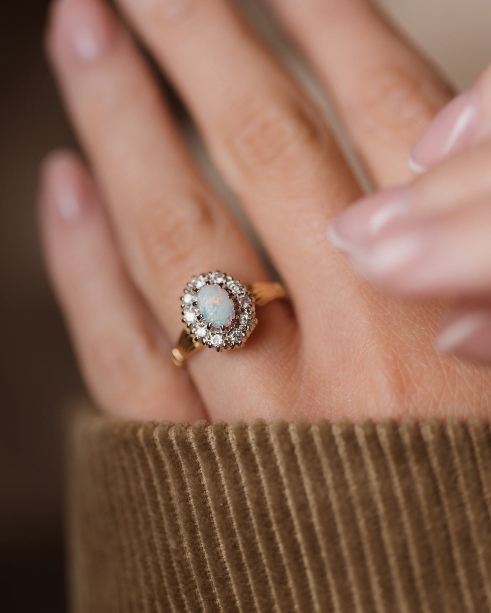 Elinor 1975 Vintage 18ct Gold Opal & Diamond Cluster Ring