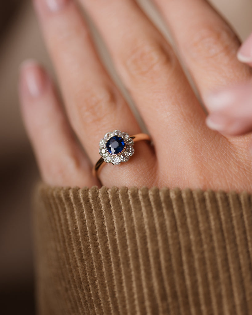 Marguerite Antique Edwardian 18ct Gold Sapphire & Diamond Cluster Ring