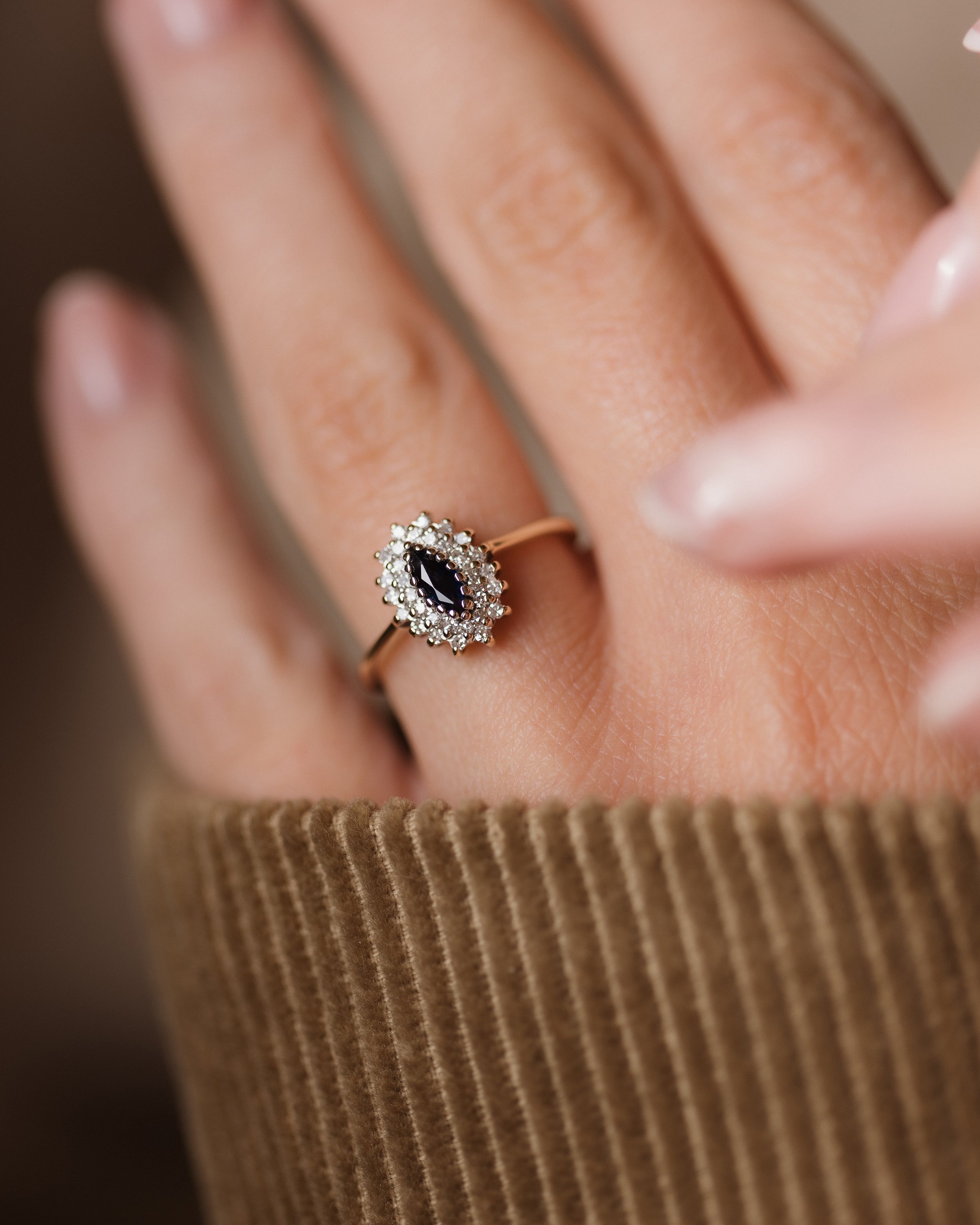 Image of Cosima 1989 Vintage 9ct Gold Sapphire & Diamond Marquise Cluster Ring