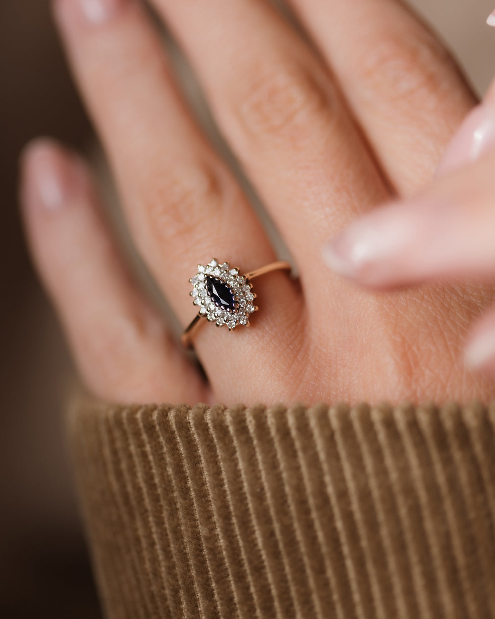 Cosima 1989 Vintage 9ct Gold Sapphire & Diamond Marquise Cluster Ring