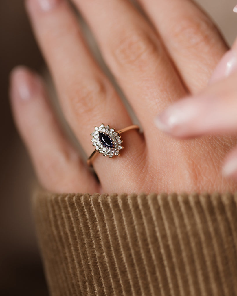 Cosima 1989 Vintage 9ct Gold Sapphire & Diamond Marquise Cluster Ring